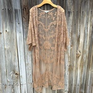 Sundance Lace Mesh Long Kimono Tunic Cover Up Tan Beige M